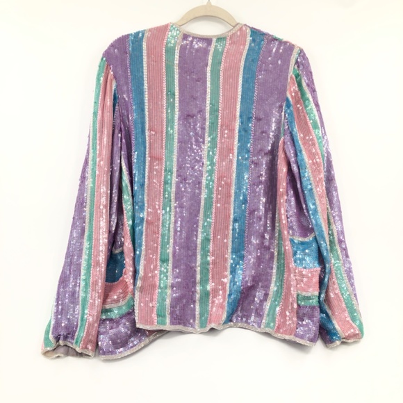 Saz Silk Sequin Jacket Pastel Colors Disco Stripes Pink Purple Blue - Picture 9 of 12